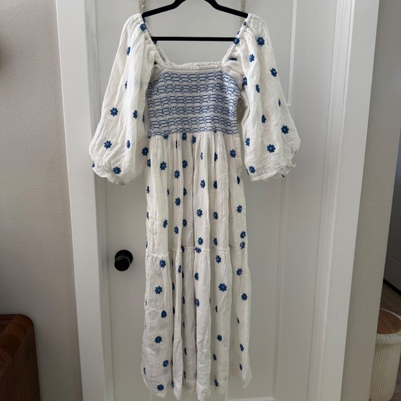 Free People Dresses & Skirts - Free People Dahlia Embroidered Maxi Dress White Blue Floral Smocked XS Boho